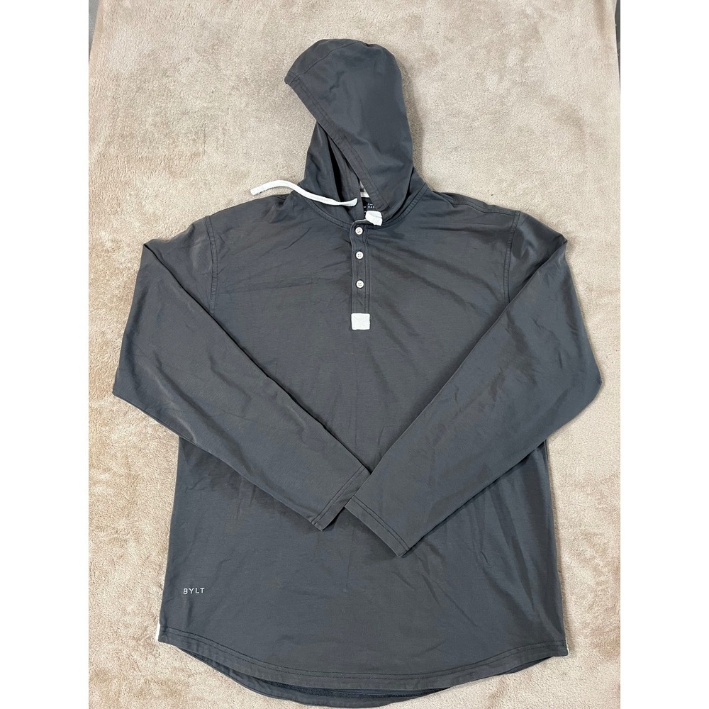 BYLT Premium Basics Drop Cut Lux Hooded Henley Shirts Men's XL Dark Gray L/S EUC